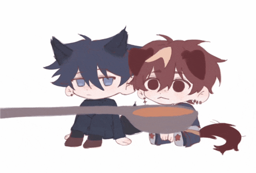 a drawing of a wolf and a dog with a spoon in between them