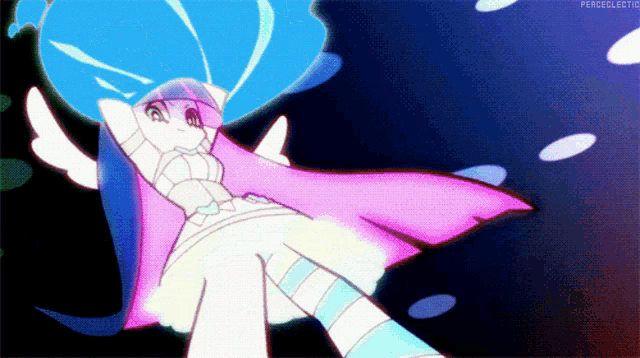 a drawing of a girl with blue hair and a pink cape with the words perdeeleptic written on the bottom