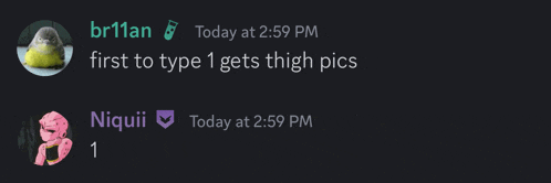 a screenshot of a conversation between niquii and br11an at 2:59 pm