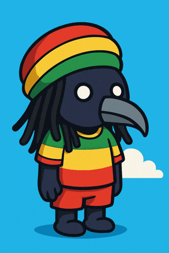 a cartoon crow wearing a rasta hat and a striped shirt