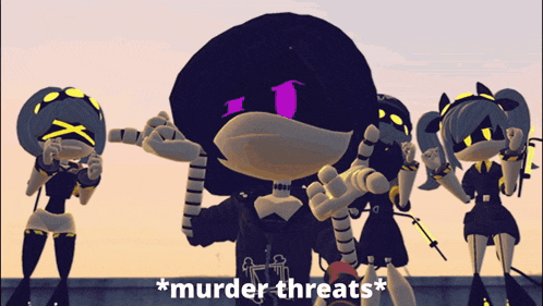 a group of cartoon characters standing next to each other with the words * murder threats * above them