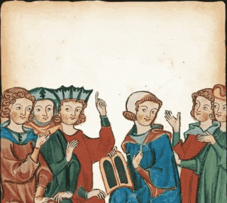 a painting of a group of people including a man holding a book
