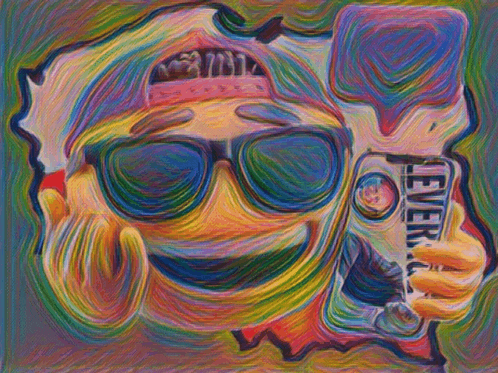 a colorful painting of a smiley face holding a lever