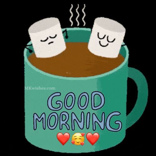 two marshmallows are sitting in a cup of coffee with the words good morning written on it