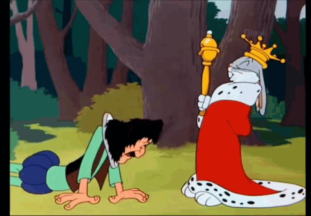 a cartoon of a man kneeling down next to a king bunny