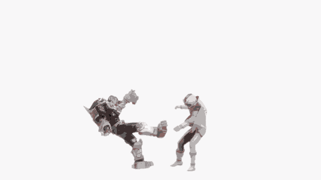 two action figures are standing next to each other on a white background ..
