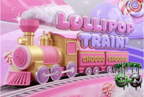 a pink train with the words lollipop train written above it