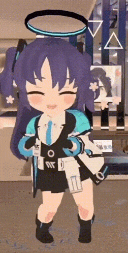 a cartoon character with purple hair and a halo on her head is smiling