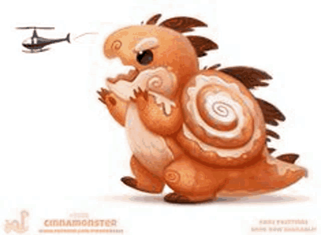 a cartoon illustration of a cinnamon monster eating a helicopter .