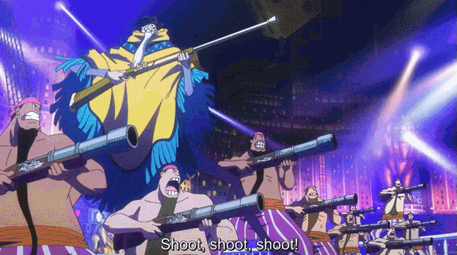 a group of men holding guns with the words shoot shoot shoot written on the bottom