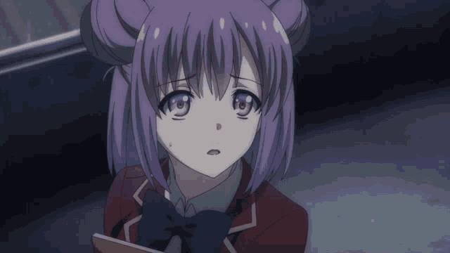 a girl with purple hair is wearing a red uniform