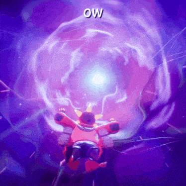a cartoon character is flying through a purple tunnel with the word ow above it