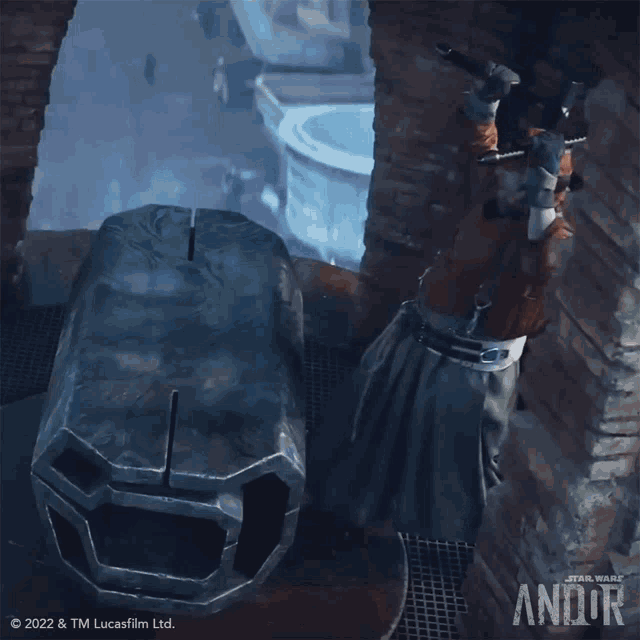 a poster for star wars andor shows a man standing in a cave