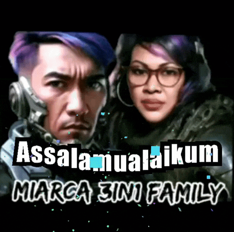 a man and a woman are standing next to each other with the words assalamualaikum marca bini family written below them