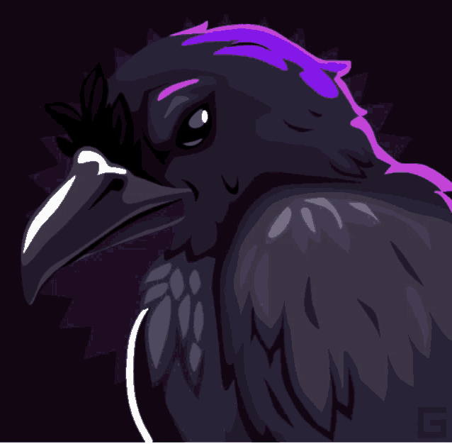a black bird with purple feathers and a purple background