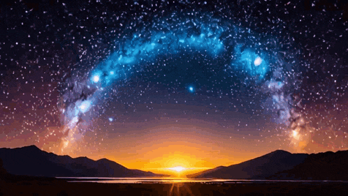 a sunset over a lake with mountains in the background and a galaxy in the sky