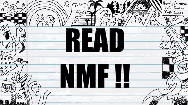 a poster that says read nmf with drawings around it