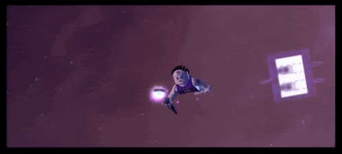 a lego figure is flying through the air with a purple light coming out of it