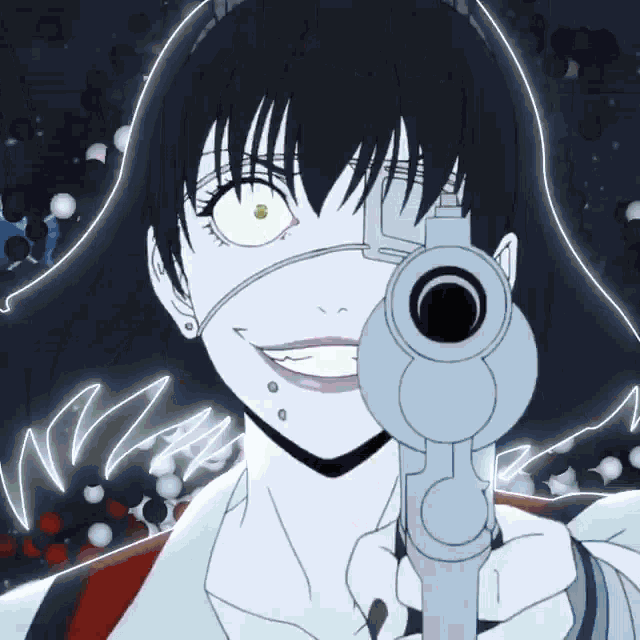 a cartoon character is pointing a gun at the camera and smiling