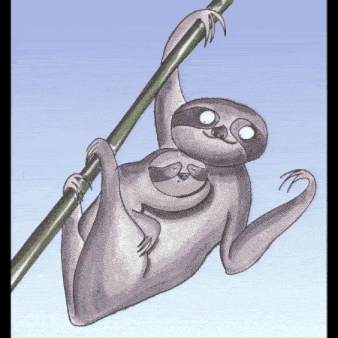 a cartoon sloth holding a baby sloth while hanging from a branch