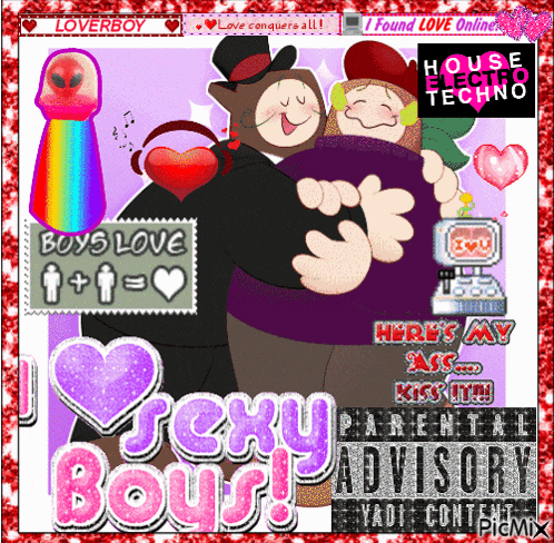 a cartoon of a man carrying another man with the words sexy boys on the bottom