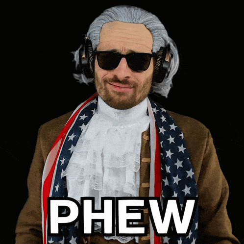 a man wearing a wig and sunglasses has phew written on his face