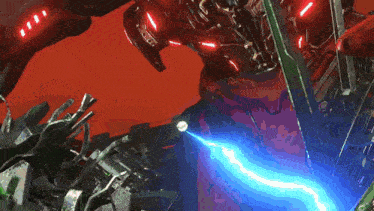 a red robot with a blue light coming out of its mouth