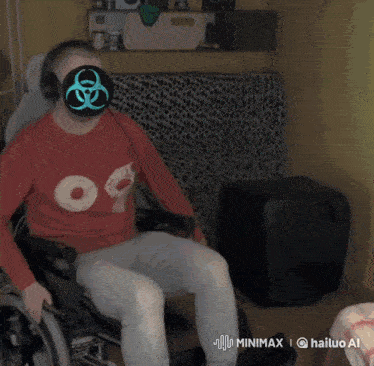 a man in a wheelchair wearing a biohazard mask and headphones