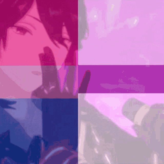 a collage of images of a person with a pink , purple and blue background .