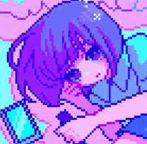 a pixel art drawing of a girl with purple hair and blue eyes