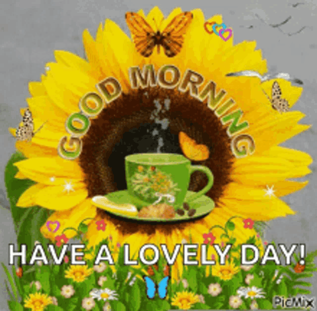 a picture of a sunflower with a cup of coffee in it