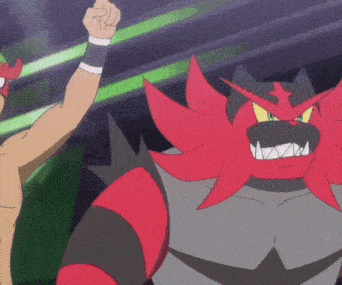 a cartoon of a man standing next to a large red and black pokemon .