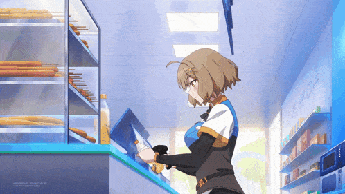 a cartoon of a girl in a store with a sign that says ' convenience store ' on the wall