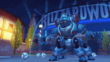 a robot standing in front of a blizzard world sign