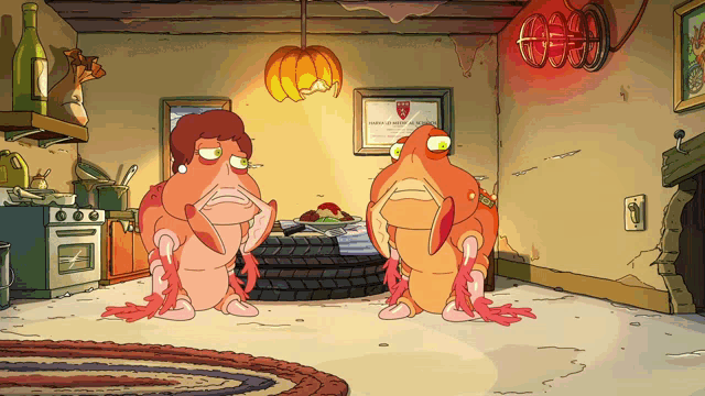 a cartoon drawing of two lobsters in a kitchen with a certificate on the wall that says home of the lobsters