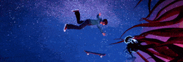 a man is flying through the air with a skateboard in the foreground