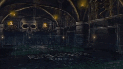 a video game character says " me fight to live " in a dark room