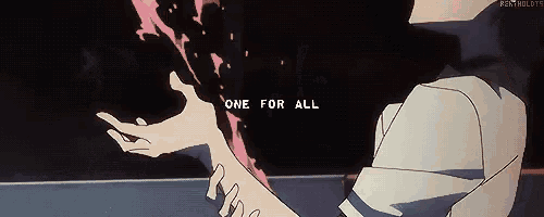 a person is holding something in their hand and the words `` one for all '' are written on the screen .