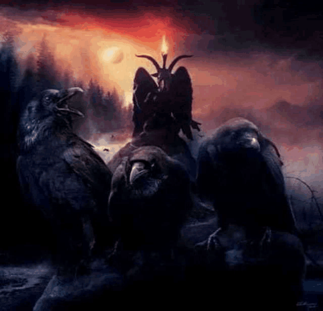 a group of black birds standing next to a statue of a goat with horns and a candle .