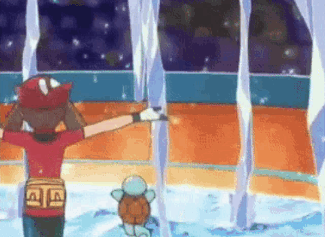 a cartoon character is standing in front of a window with a turtle in the background ..