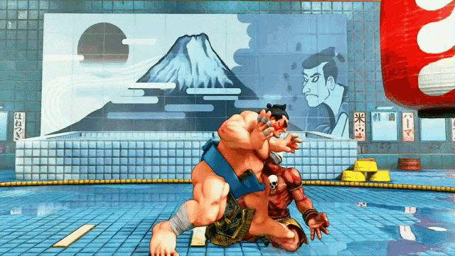 a sumo wrestler is wrestling another wrestler in front of a mural of mount fuji