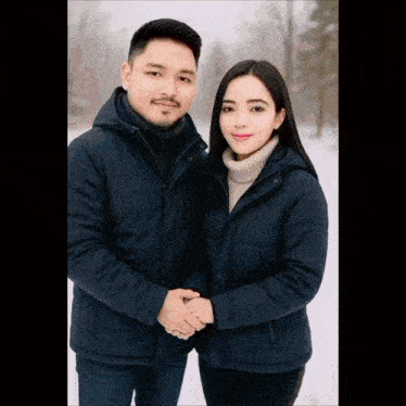 a man and a woman in blue jackets are holding hands in the snow