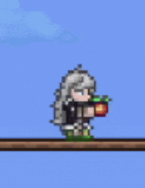 a pixel art character is standing on a wooden plank holding a lantern .