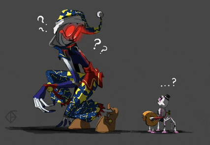 a cartoon drawing of a clown and a skeleton with question marks around them