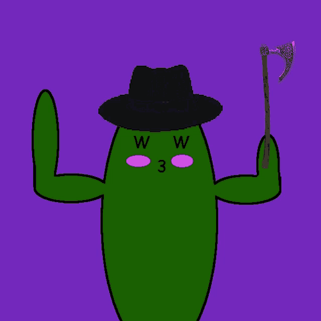 a green cactus wearing a black hat and holding a cane
