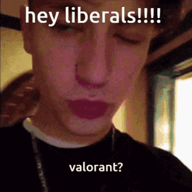 a close up of a person 's face with the words hey liberals !!! valorant ?