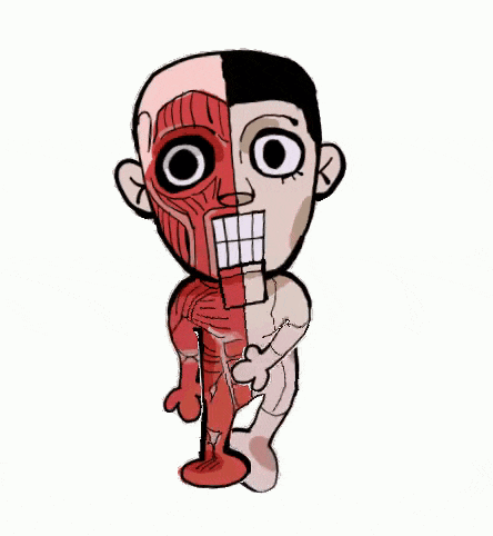 a cartoon drawing of a man with half of his face and half of his body .