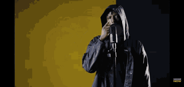 a man in a hooded jacket stands in front of a microphone with the word now on the bottom