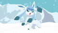 a white and blue pokemon is standing in the snow .