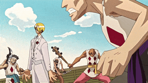 a cartoon of a man in a white tuxedo standing next to a group of people